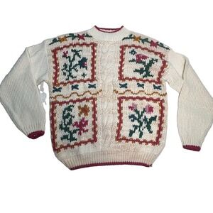 VTG Sweater Carolina Colors 1992 Y2K Cream Color Chunky Knit Floral Pattern Sz L